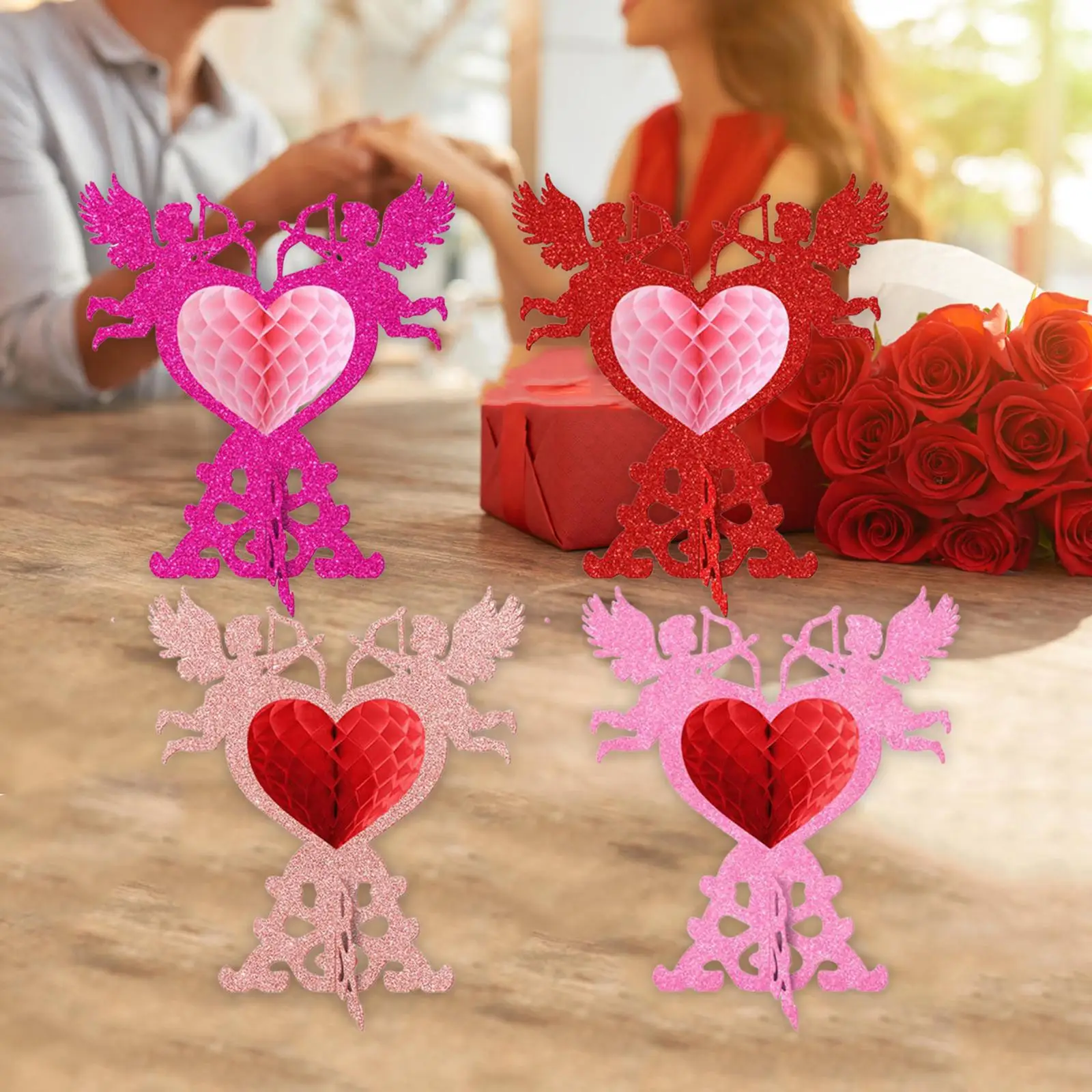 4 Pieces Valentine Honeycomb Centerpieces Table Centerpieces DIY Romantic Heart Red Pink for Wedding Anniversary