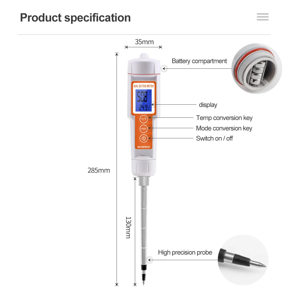 Medidor de suelo Digital 3 en 1, Detector de calidad de suelo para agricultura, jardín y granja, temperatura EC TDS, 661 - imagen 2