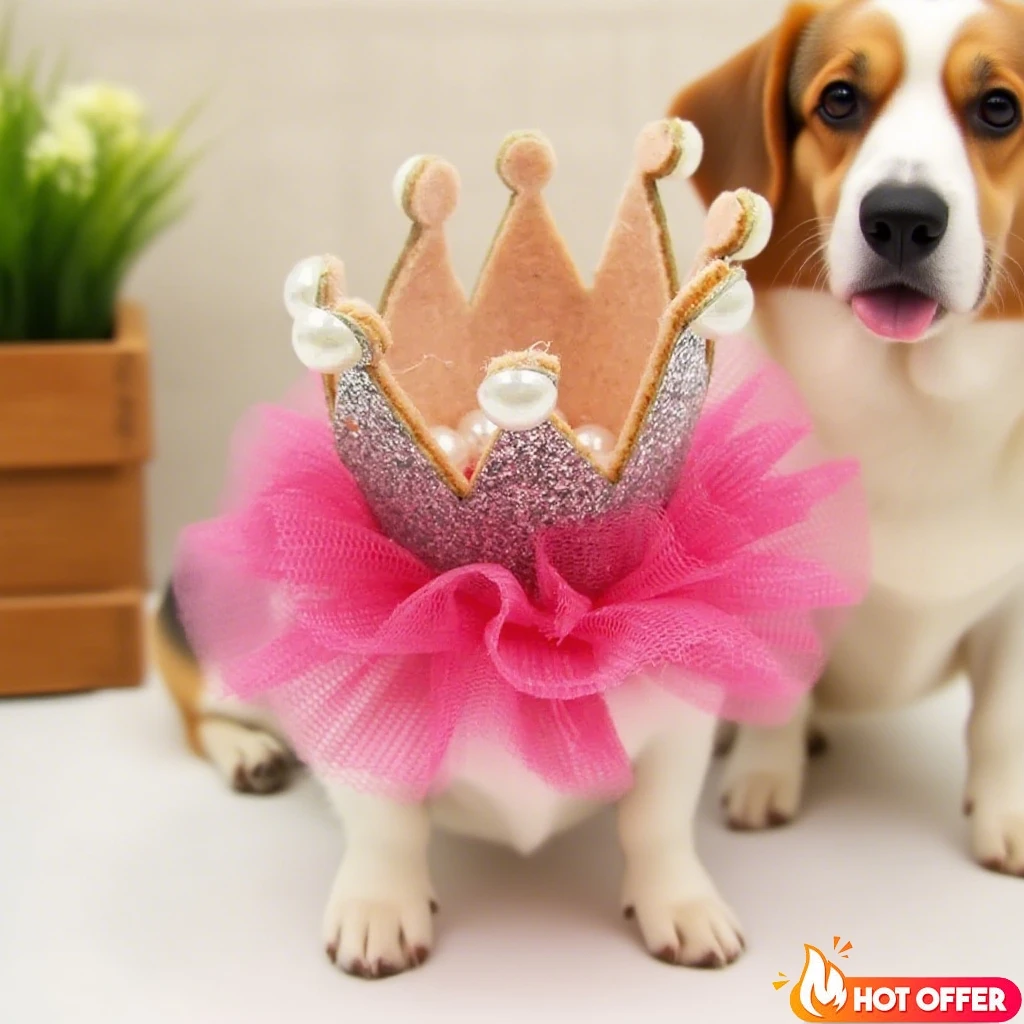 Gorro para perro con corona de cumpleaños para mascotas de estilo rojo con encaje y perlas, exquisito sombrero de lentejuelas con correa ajustable, gorro para perro pequeño, accesorios para mascotas