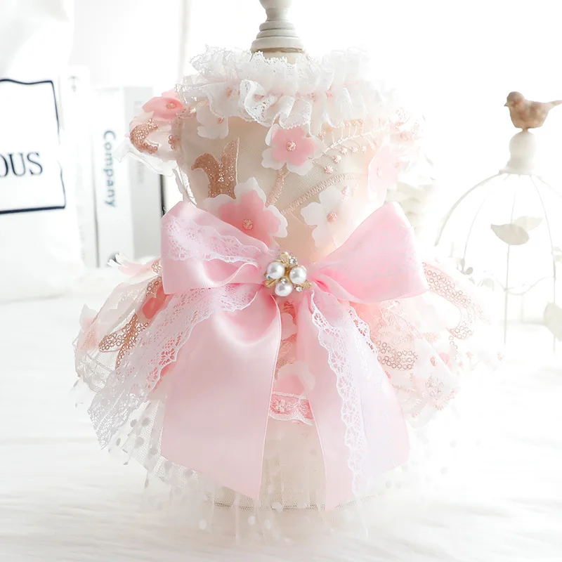 Primavera Verano estilo fino mascota gato perro vestido de flores princesa y vestido de boda diseño vestido hecho a mano para perros de peluche - imagen 3