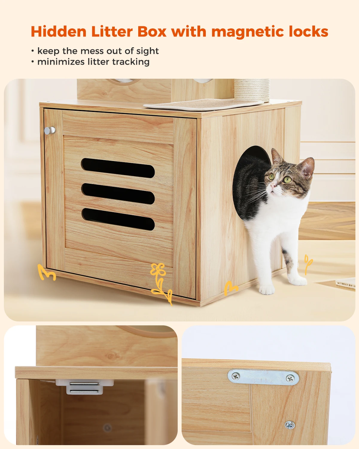 Árbol para gatos alto y ajustable de H230-280CM, torre para gatos de piso a techo con gabinete grande, poste para rascar de Sisal interior - imagen 5