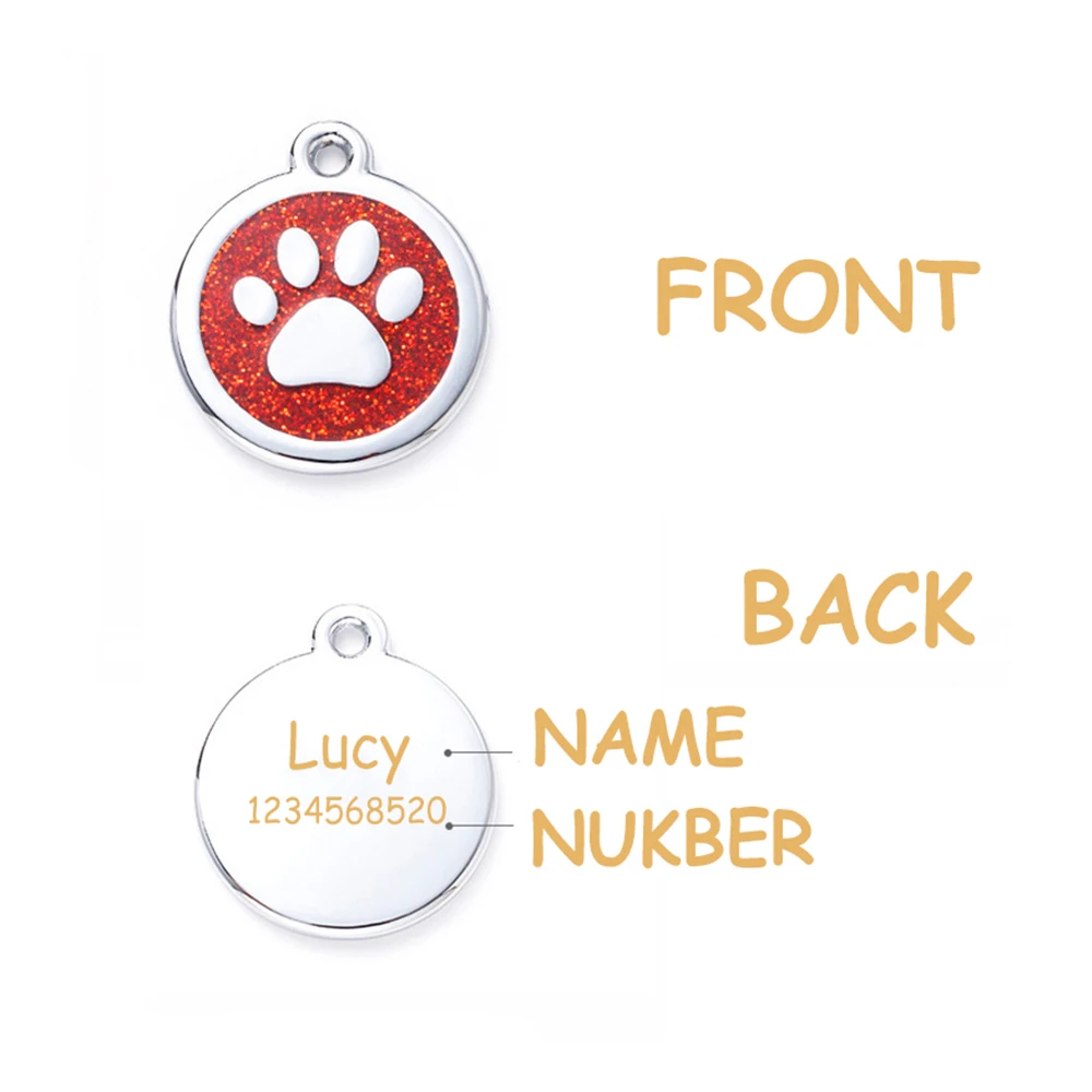Etiquetas personalizadas para perro, gato, cachorro, identificación de Mascota, Collar con nombre, grabado gratis, colgante Circular, pata brillante - imagen 2