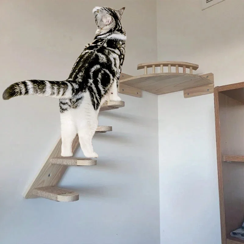 Pasos de madera maciza montados en la pared y cuerda de Sisal, entrenamiento de garra de gatito, muebles de interior para gatos, cuerda de escalada para gatos - imagen 2