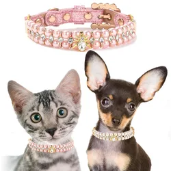 Collar de perlas para gatos y perros con cristales, cuero PU