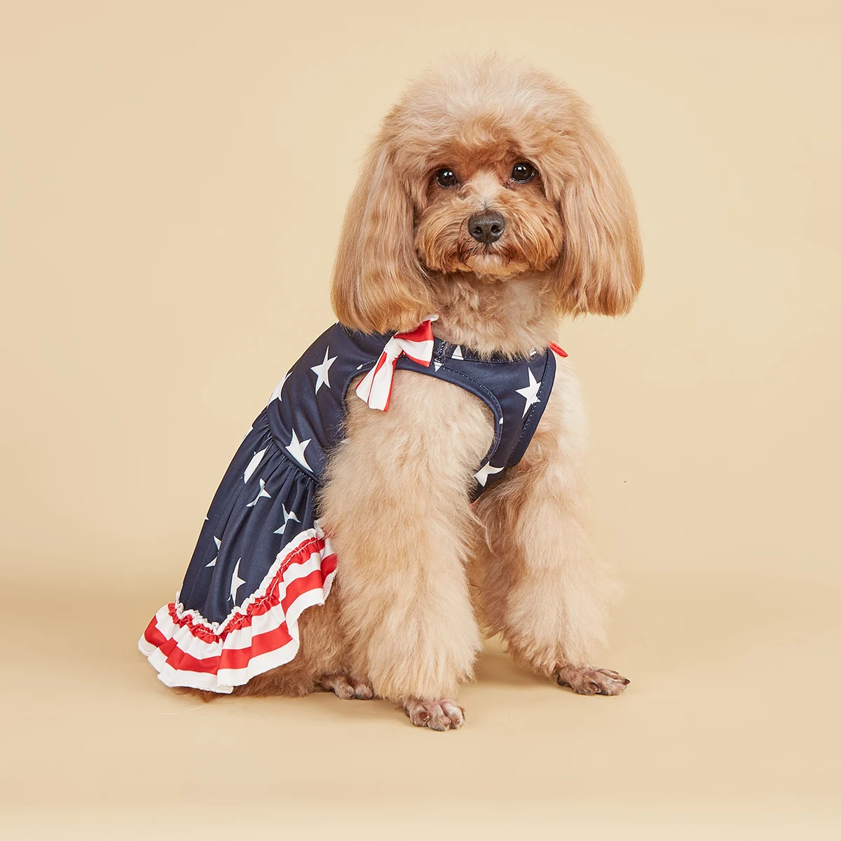 Striped Dress Shirt Cute Bowknot Sundress American Flag Stars Printed Princess Summer Puppy Apparel Clothes with Ruffles for Sma - imagen 3