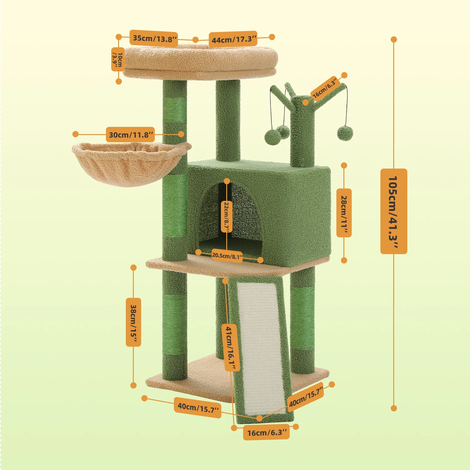 Vista frontal de la torre para gatos mostrando condominio y plataforma