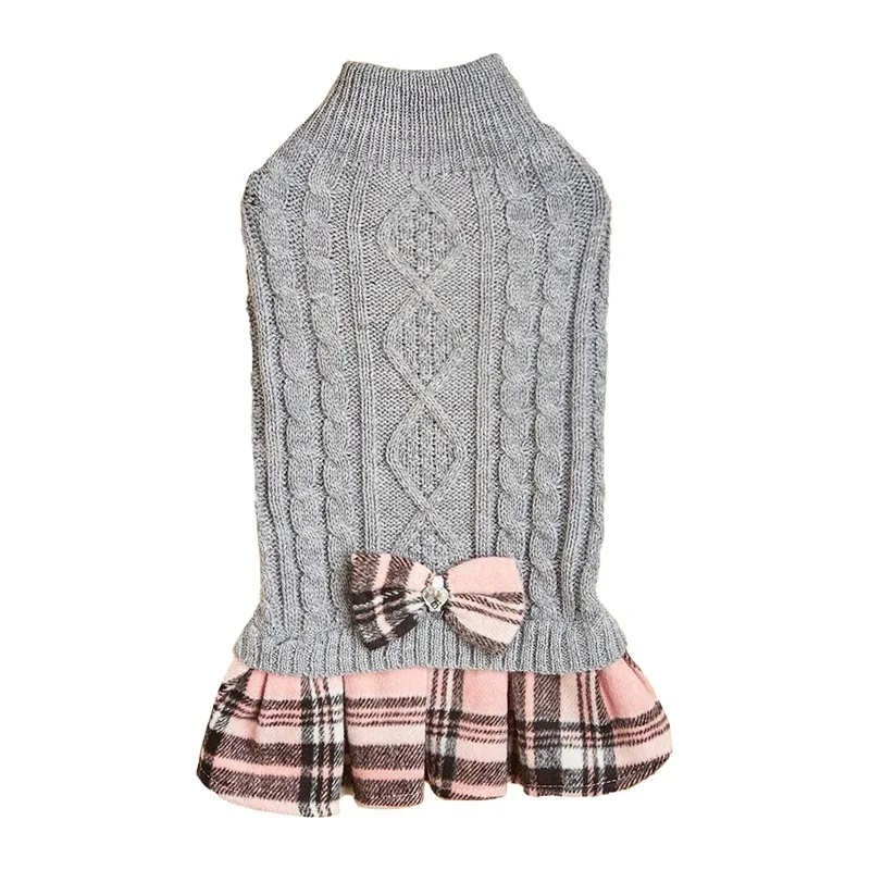 Vestido de piel para mascotas, suéter de punto blanco y gris, falda a cuadros con lazo empalmado, abrigo de lana, ropa de Navidad para perros y cachorros - imagen 4