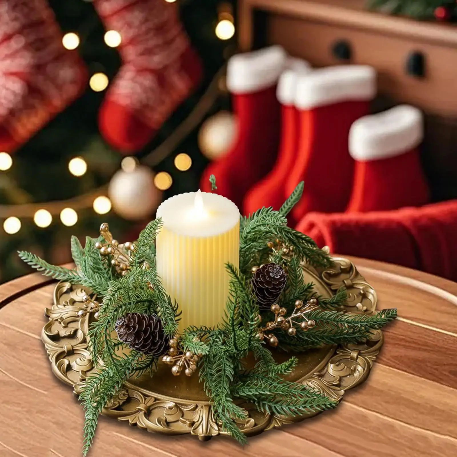 Christmas Artificial Candle Ring Wreath Creative, Decorative, Table Centerpiece Pine Needle Wreath for Holiday Living Room Desk
