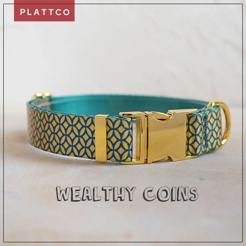 PLATTCO diseño único collar de perro estampado WEALTHY MONEDAS patrón y hebilla dorada de alta calidad tamaño 5 PDC305YG