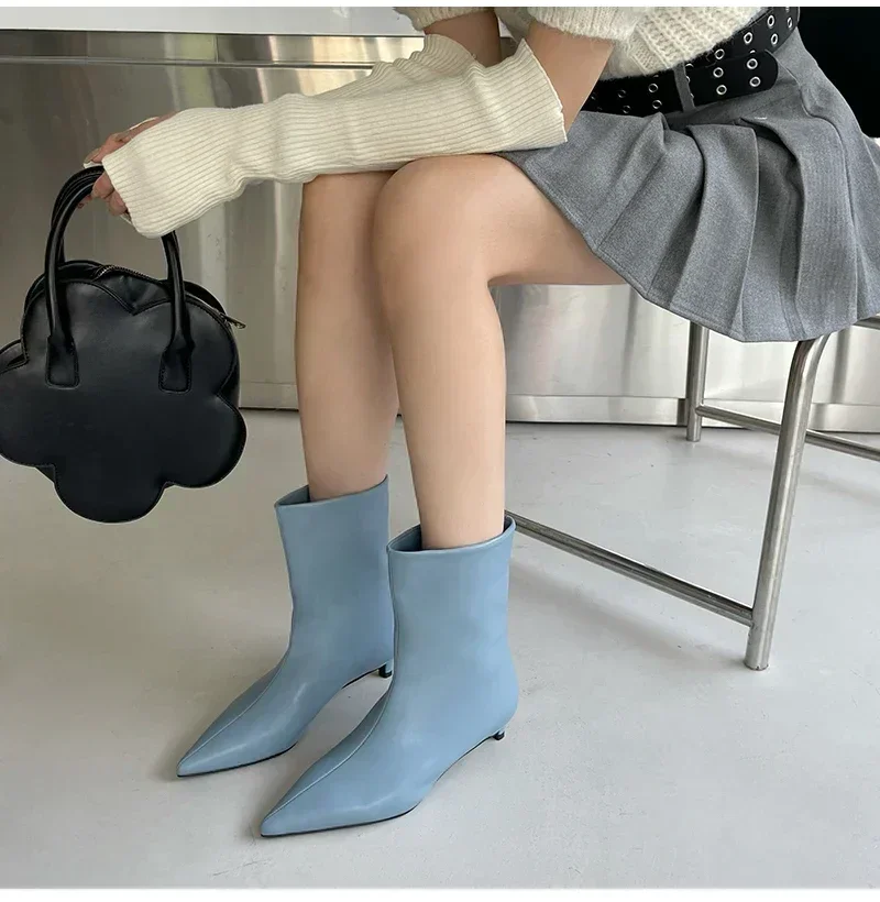 Botines de Mujer con punta estrecha a la moda, Zapatos cortos ajustados para Mujer, tacones bajos, zapatos de tacón para vestido de fiesta, Zapatos de invierno y otoño para Mujer - imagen 5