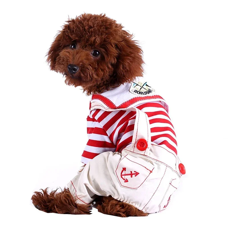 Disfraz de marinero de Halloween, mono para perros pequeños, camisa a rayas para cachorros con pantalones, monos, trajes de ancla, ropa de otoño - imagen 4