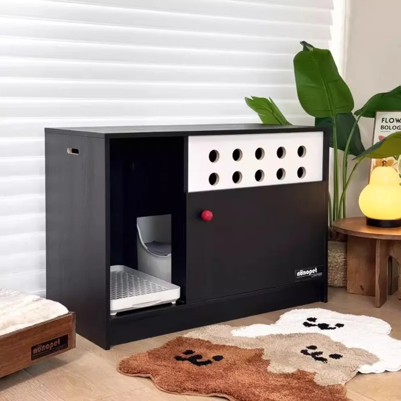 Gabinete de inodoro para gatos, cerrado, a prueba de fugas de arena, viento nórdico, madera maciza negra, diseño de lujo, caja de arena para gatos, gabinete para limpieza de mascotas - imagen 2