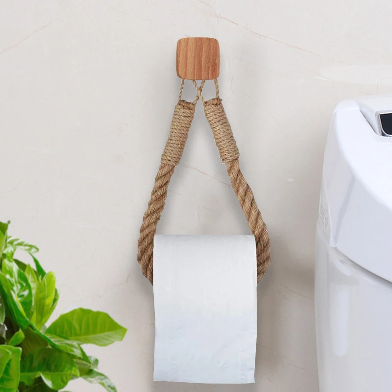 Soporte de papel higiénico de cuerda de cáñamo montado en la pared, accesorios de baño, soporte de pañuelos de papel rodante de madera, toallero de inodoro - imagen 3