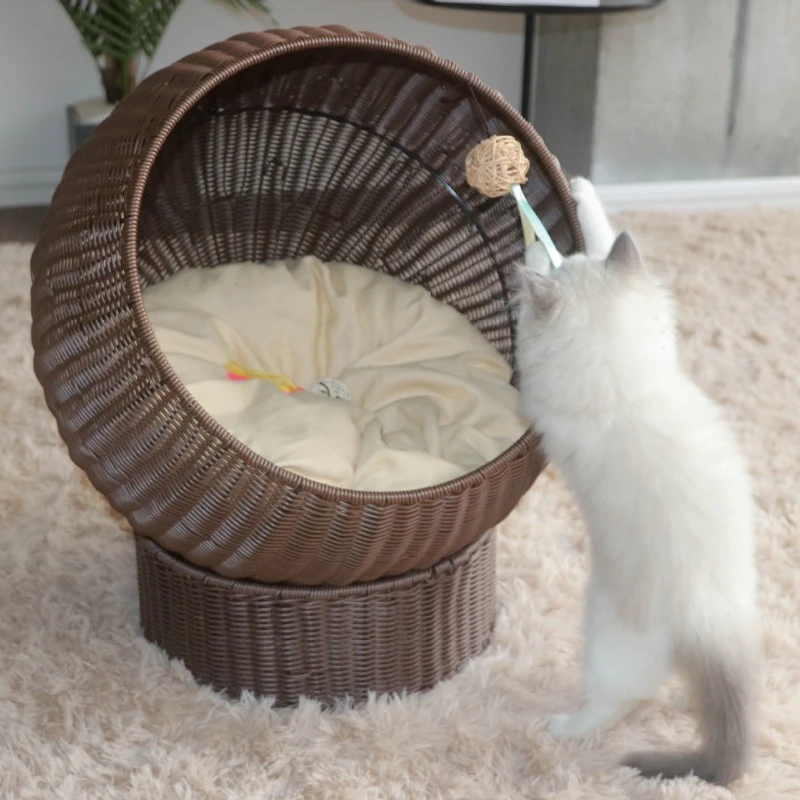 Cama de gato elevada tejida a mano con cojín, cesta de mimbre de imitación, casa de gatito con soporte, Cama de Gato elevada para gato de interior - imagen 4