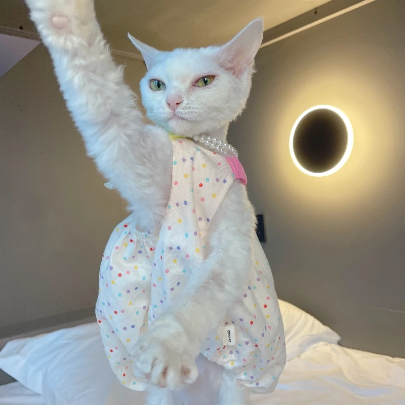 Falda Camisola Bubble para Gato Correa de Hombro Rosa Elástica de Verano para Sphynx Cat Vestido Princesa de Lunares Blancos con Collar - imagen 2
