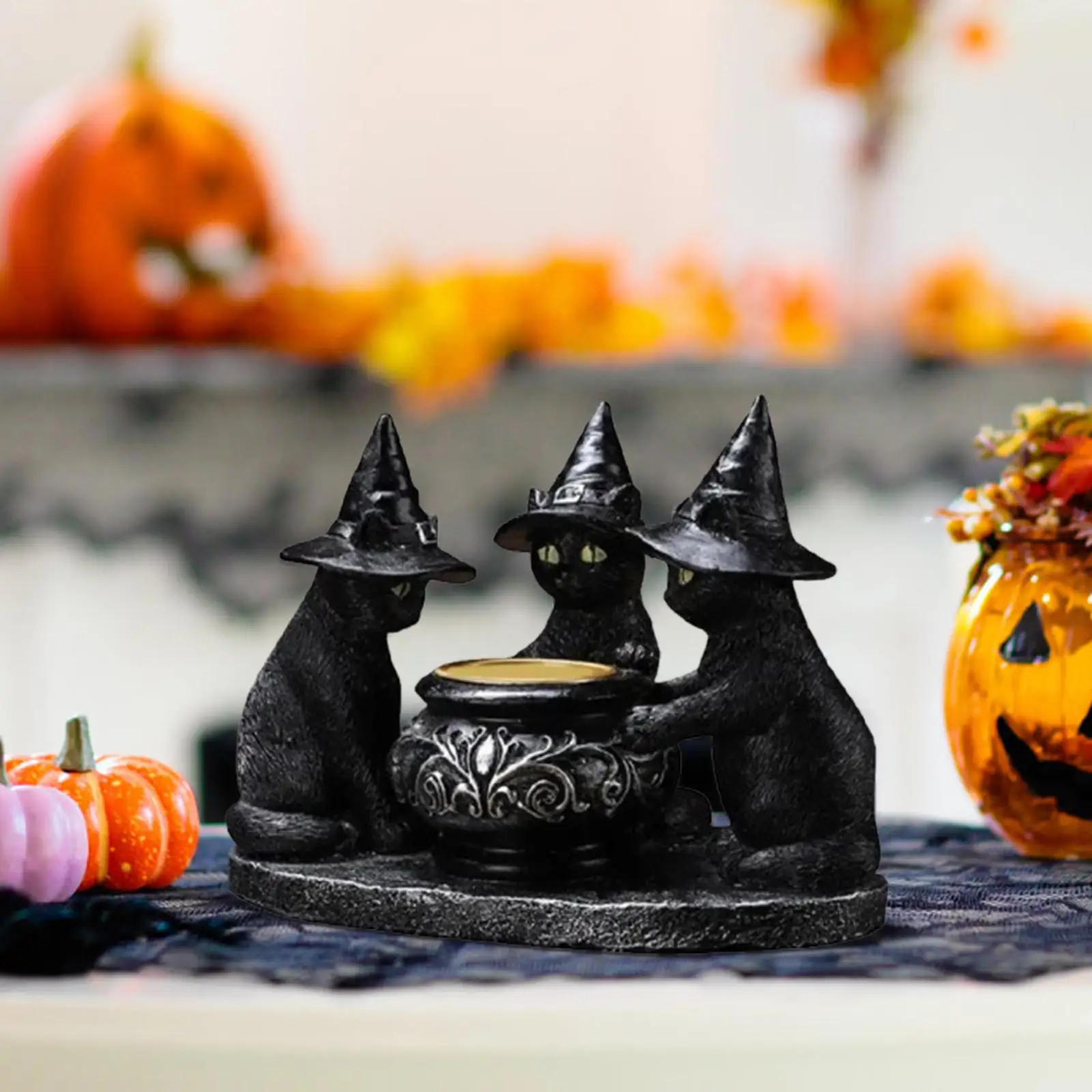 Black Cat Tealight Candle Holder, Halloween Candlestick Party Favor Resin Ornament Home Gothic Figurine for Dinner Fireplace