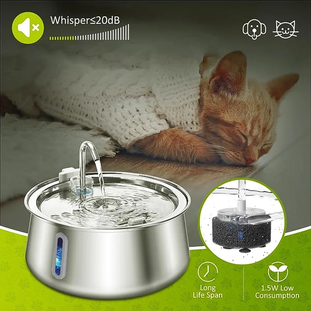 Fuente de agua para gatos de acero inoxidable de 4L, dispensador de agua automático ultrasilencioso para mascotas con filtro, tazón de agua de filtración multicapa - imagen 5