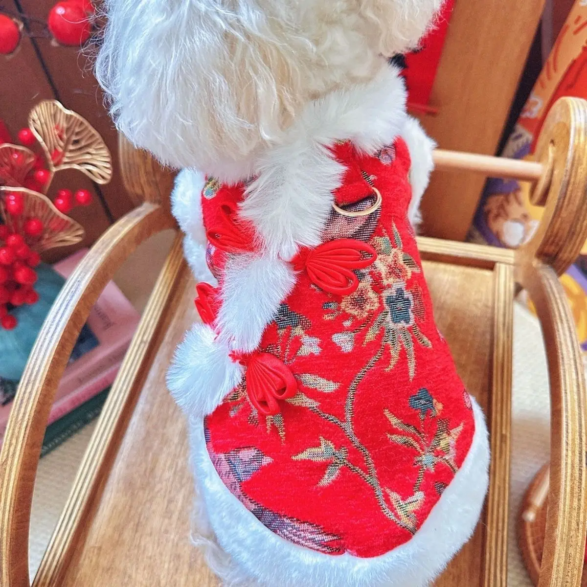 Vestido con cuello de felpa para otoño/invierno para mascotas, abrigo bordado de Año Nuevo para mascotas, abrigo de Navidad de peluche, ropa para perros pequeños - imagen 4