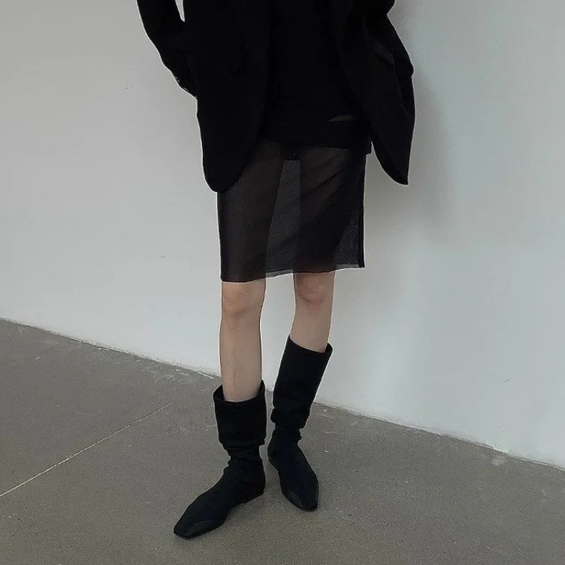 Botas de calcetín hasta la rodilla con parte inferior plana para mujer, botines largos de tela elástica con punta estrecha, botas de trabajo de estilo británico para Otoño e Invierno - imagen 3