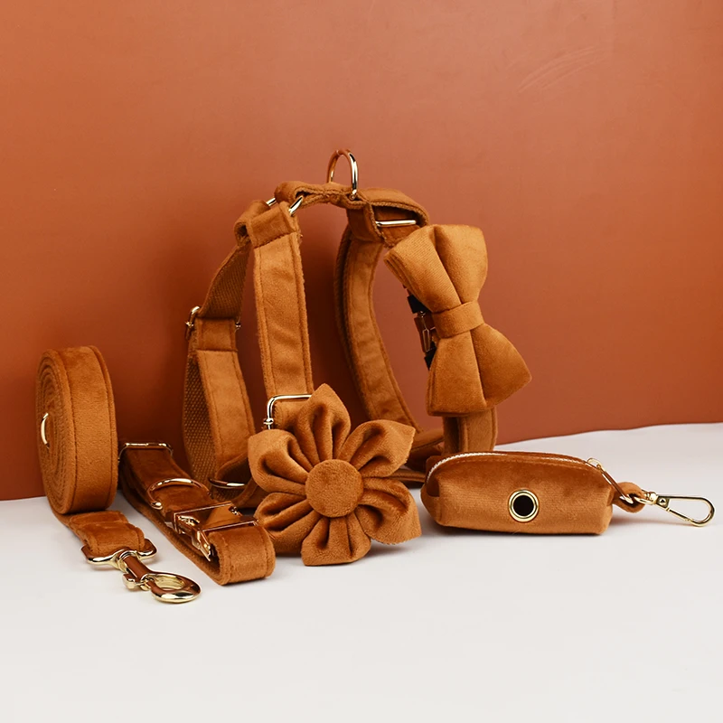 Conjunto de Collar y correa de terciopelo para perros, placa con grabado personalizado, suministros para mascotas, 21