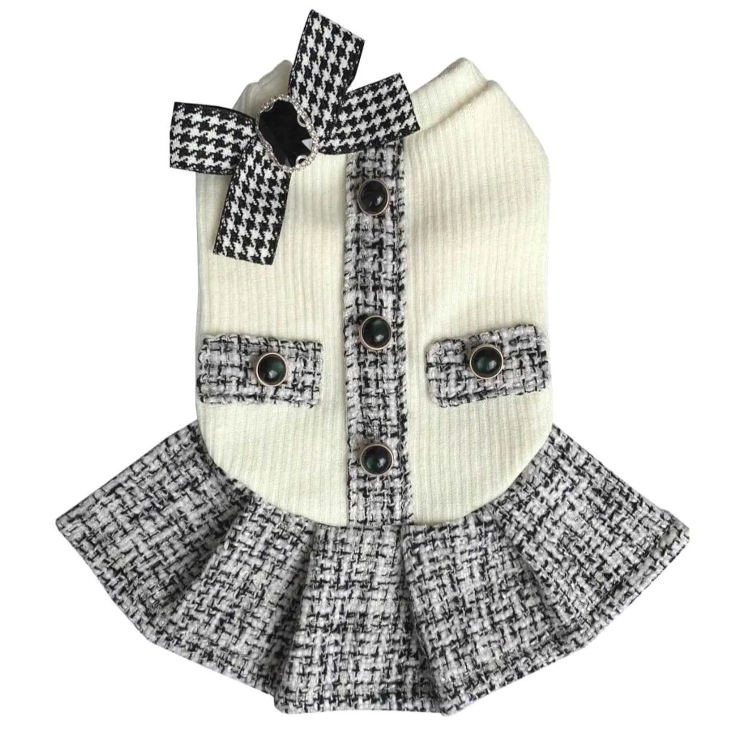 Vestido de lana para mascotas de otoño e invierno, abrigo tejido a cuadros con lazo y perlas, vestidos para perros y gatos, ropa para cachorros pequeños - imagen 2