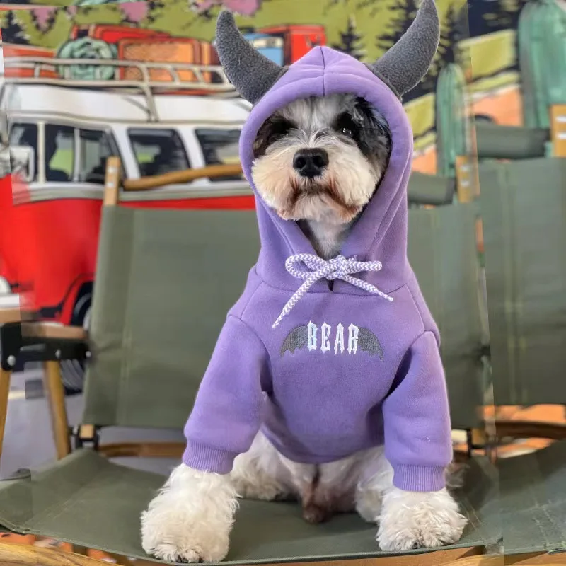 Ropa de invierno con capucha para perros y gatos, Sudadera con capucha de lana para mascotas, cuerno con capucha, engrosado, en comparación con el oso Schnauzer, ropa para cachorros - imagen 4