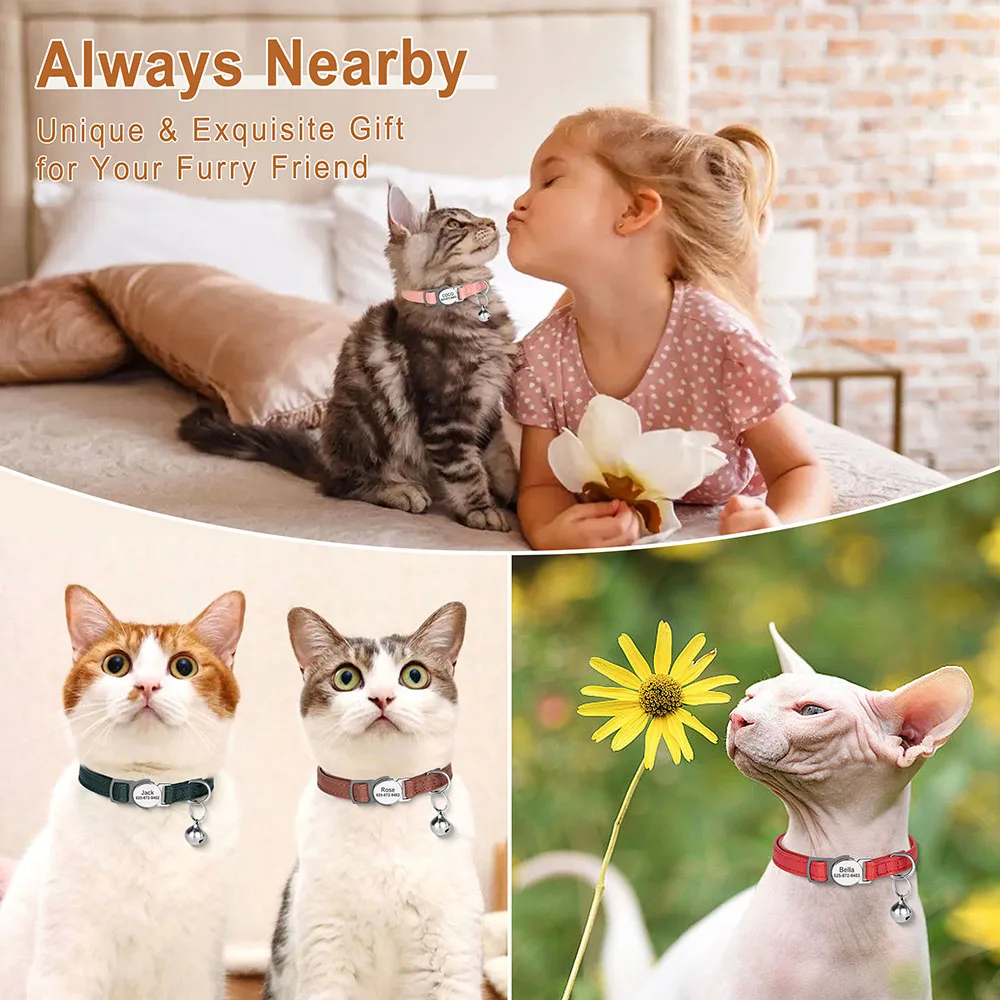 Collar de gato personalizado de cuero PU, collares de liberación rápida para gatos, collares con nombre de identificación de mascota grabados gratis, ajustables para gatos - imagen 5