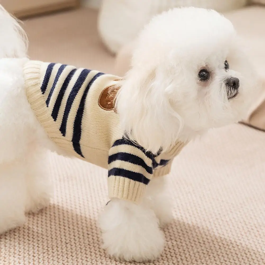 Suéter a rayas para perros, Jersey de punto con bonito diseño de oso, ropa elástica cálida para cachorros de invierno para perros pequeños, gatos, Bulldog Francés - imagen 2