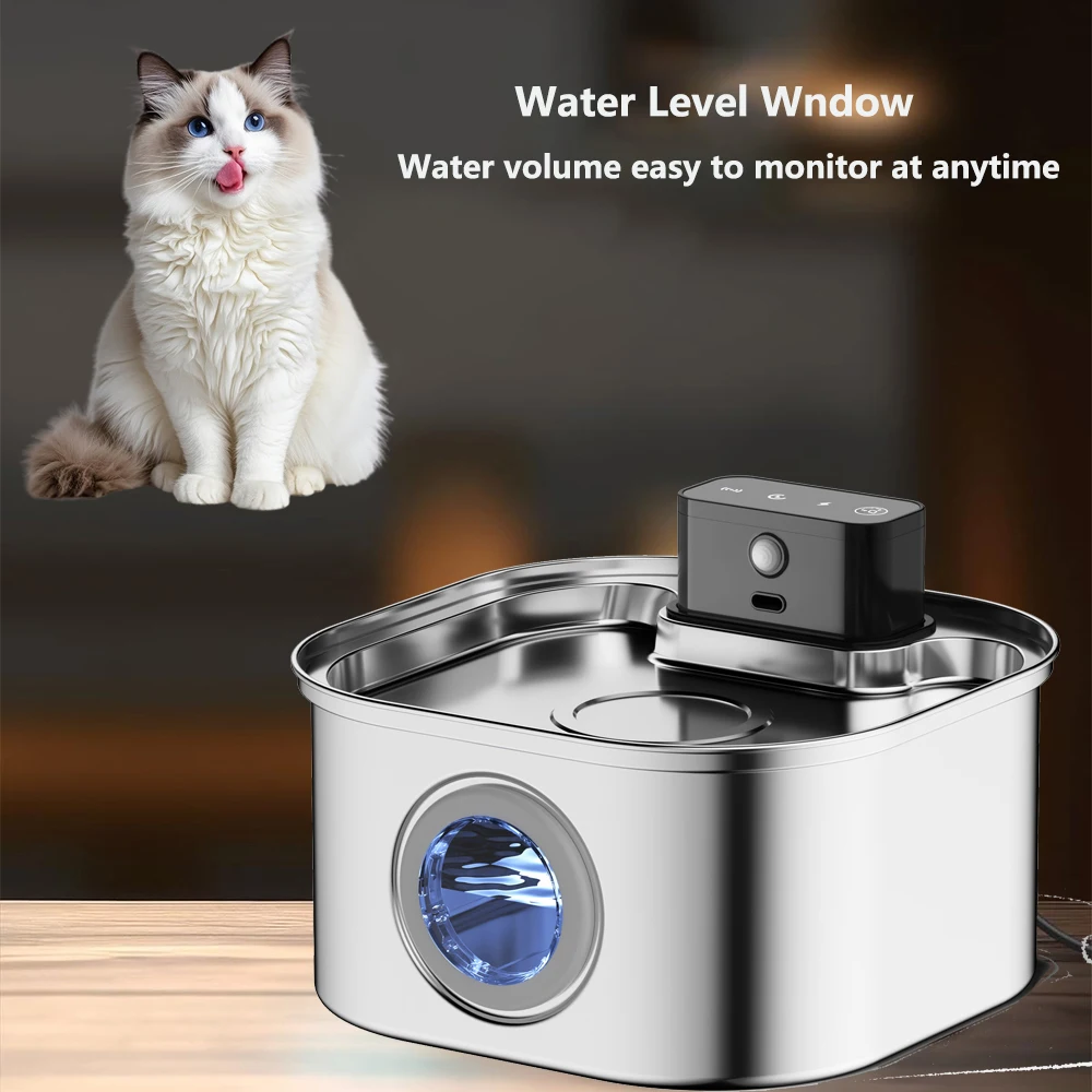 Fuente de agua inalámbrica automática para mascotas de acero inoxidable de 3,2 L, 4000mAH, con Sensor de movimiento, dispensador de agua filtrado silencioso