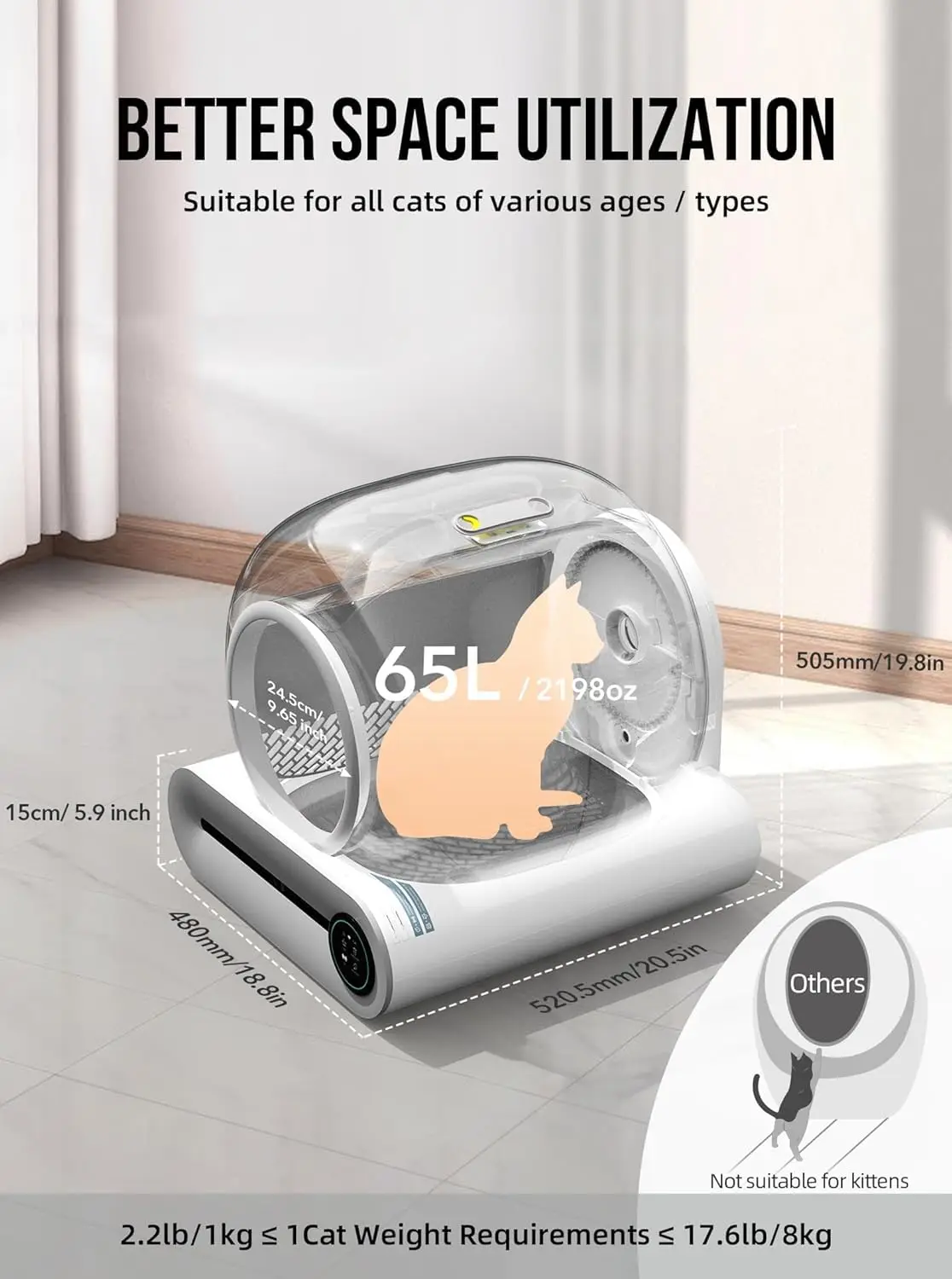 Tonepie-caja de arena inteligente automática para gatos, 65L, autolimpiante, totalmente cerrada, bandeja de arena para inodoro para mascotas, versiones en inglés - imagen 3