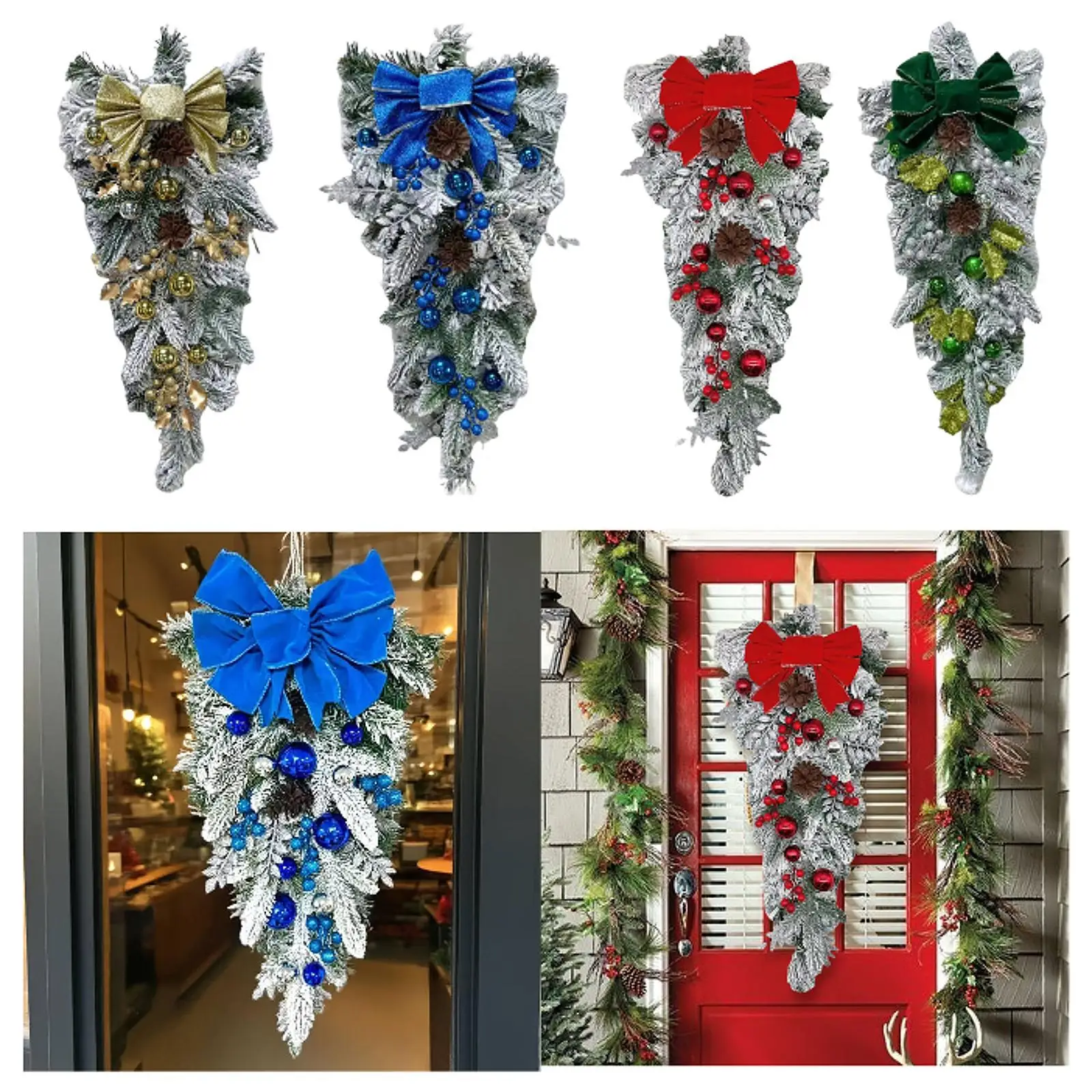 Door Wreath Flocked Artificial Christmas Swag Teardrop Realistic Garland Hanging