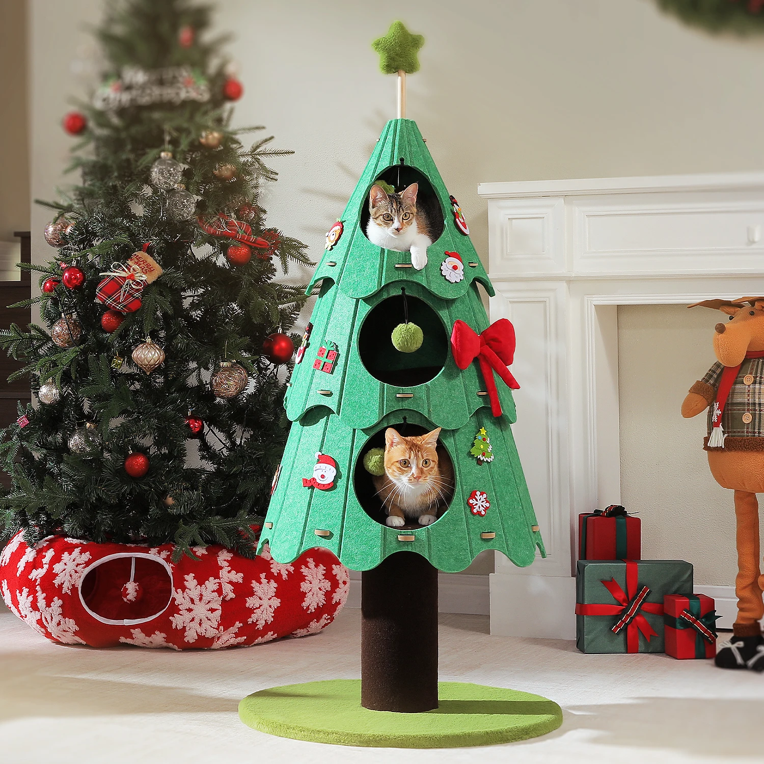 Torre de árbol de Navidad para gatos con 3 condones y pompones acogedores, casa para gatos de varios niveles, cama para gatos de interior, muebles modernos para gatos, juguetes para gatos