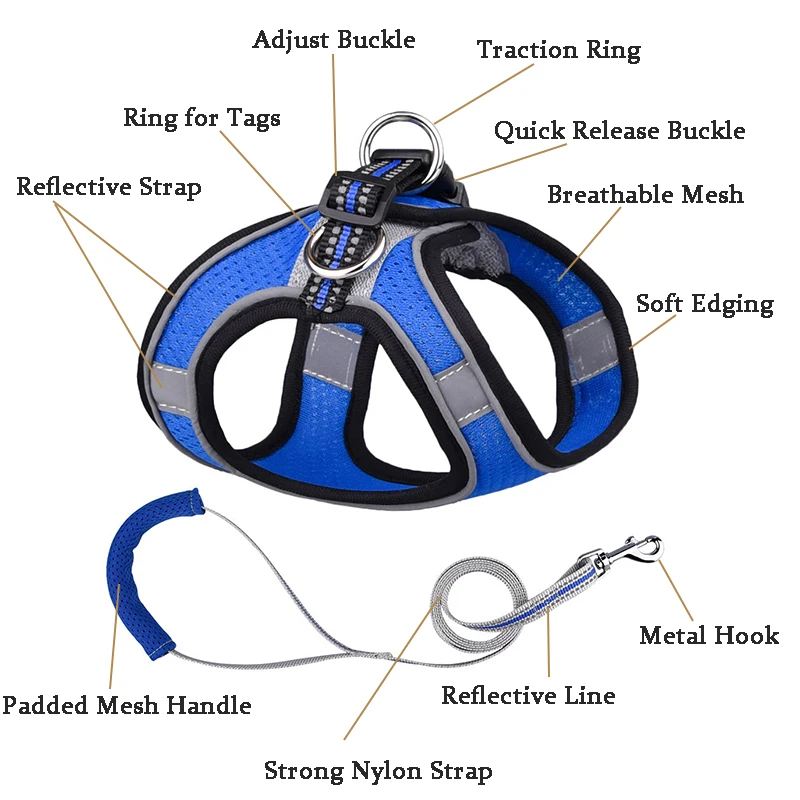 Arnés de malla transpirable para cachorros, correa acolchada suave para perros pequeños, arnés para gatos, chaleco Frech Bulldog Pug, correas para el pecho, accesorios para perros - imagen 3