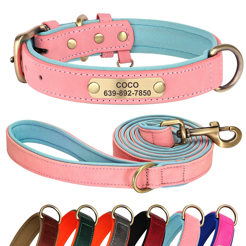 Collar de identificación de perro personalizado con correa, Collar y correa de cuero PU acolchado suave para perros, etiqueta antipérdida para perros pequeños, medianos y grandes - imagen 2