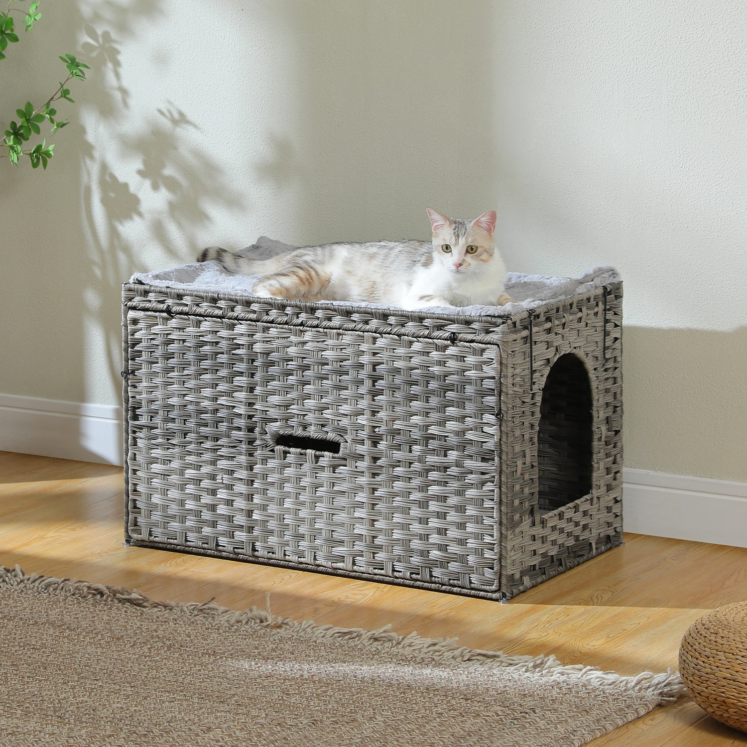 Caja de arena para gatos de ratán con puerta más alta y diseño abatible, alfombrilla con borde elevado más espacio, muebles para gabinete de casa para gatos - imagen 5