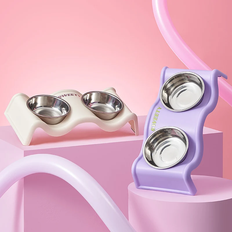 Un sonajero para mascotas, cuenco doble colorido de moda de gran capacidad de acero inoxidable para perros, cuenco doble anti-punta para alimentación de agua para mascotas para interiores - imagen 5