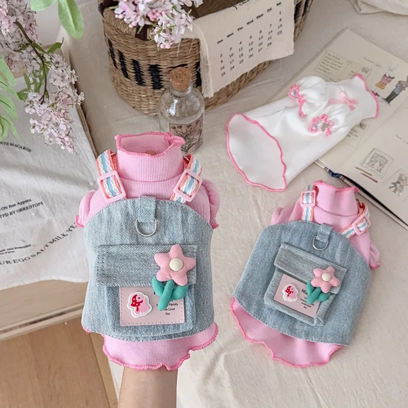 Ropa de invierno para mascotas, falda vaquera para cachorros + chaleco Floral de cuerda, ropa para gatos, camisa Base Floral transpirable, ropa para perros pequeños - imagen 2