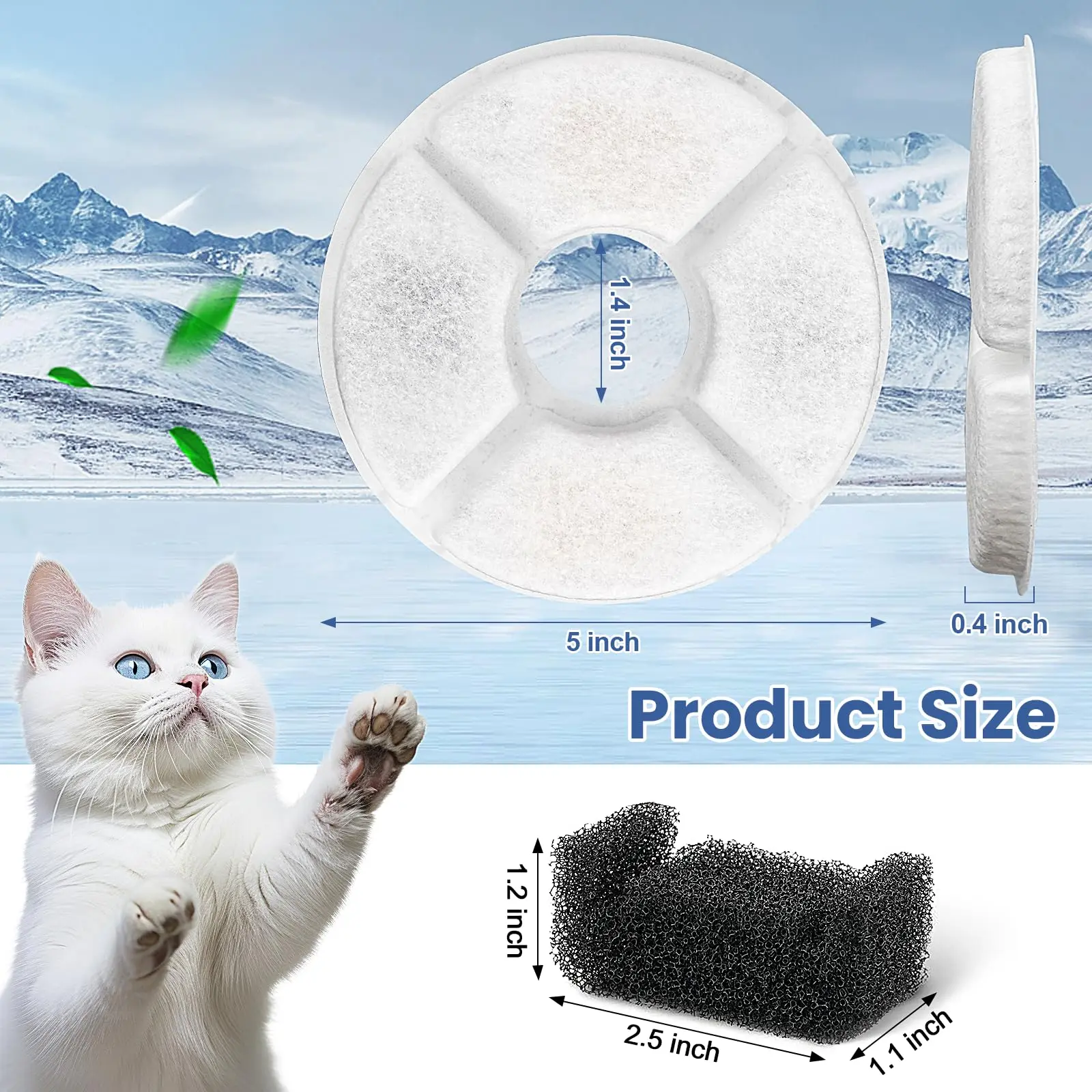 Reemplazo de filtro de fuente de agua para gatos, juego de filtros de carbón redondos para fuente automática superior para mascotas de 2,4 L, sistema de filtración múltiple