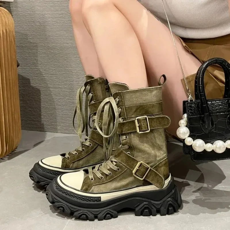 Botas de plataforma gruesa para mujer, botas de caballero altas con herramientas de lona Vintage, suela de Muffin con cabeza redonda, botas con hebilla de cinturón con cremallera lateral