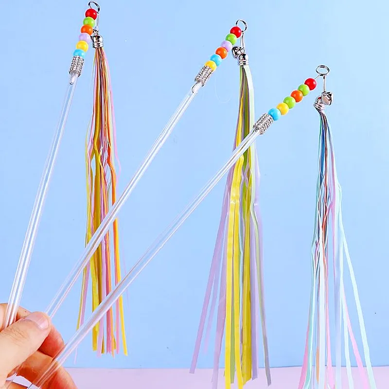 Cat Toy Rainbow Tassel Cats Teaser Stick Cat Toys Interactive Long Handle Kitten Toys Bite-resistant Teaser Cats Toy with Bell - imagen 4