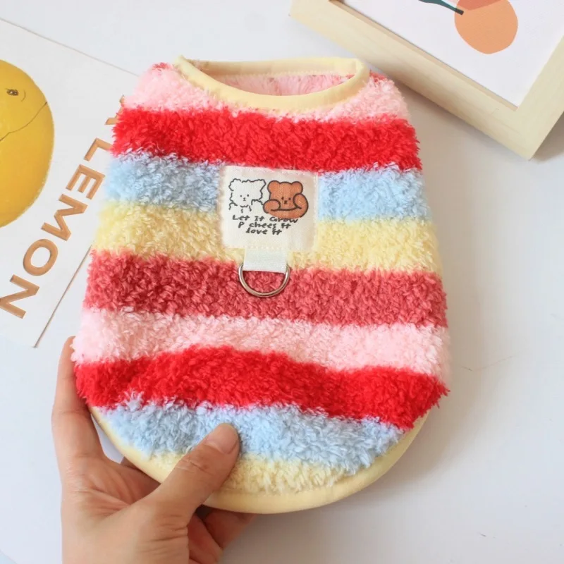 Chaleco de invierno esponjoso a rayas para Bulldog Francés, Chihuahua, ropa de gato de Color arcoíris, monos bonitos de retales de oso para mascotas - imagen 5