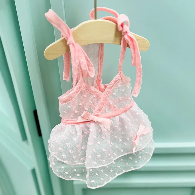 Vestidos de encaje para cachorros, falda de malla transpirable de verano para perros, chaleco con lazo y tirantes, ropa para mascotas pequeñas, ropa para cachorros pequeños - imagen 2