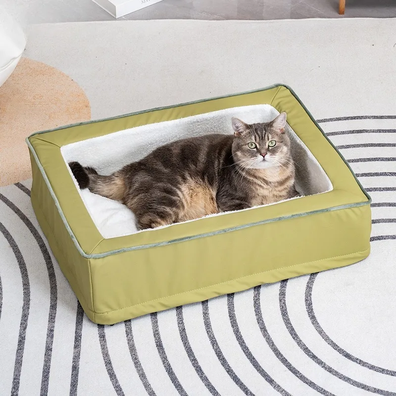 Cama cálida de invierno para gatos, cama de cuero impermeable antideslizante de forma cuadrada para perros y gatos, productos para suministros para mascotas, accesorios para el hogar