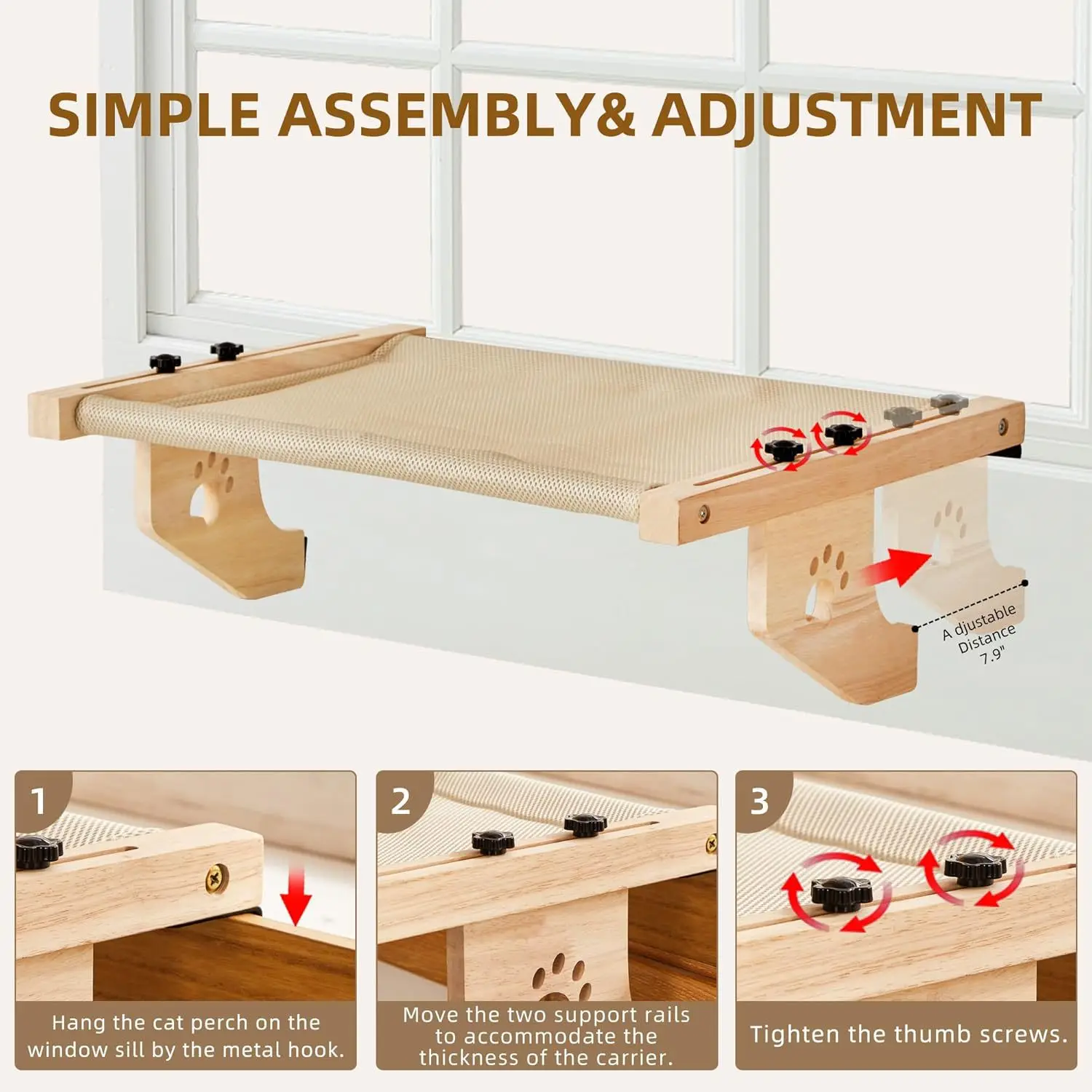 OUZEY hamaca de madera para gatos, cama colgante desmontable portátil para gatos, asiento cómodo para el sol, accesorios para escalar para gatitos y mascotas - imagen 4
