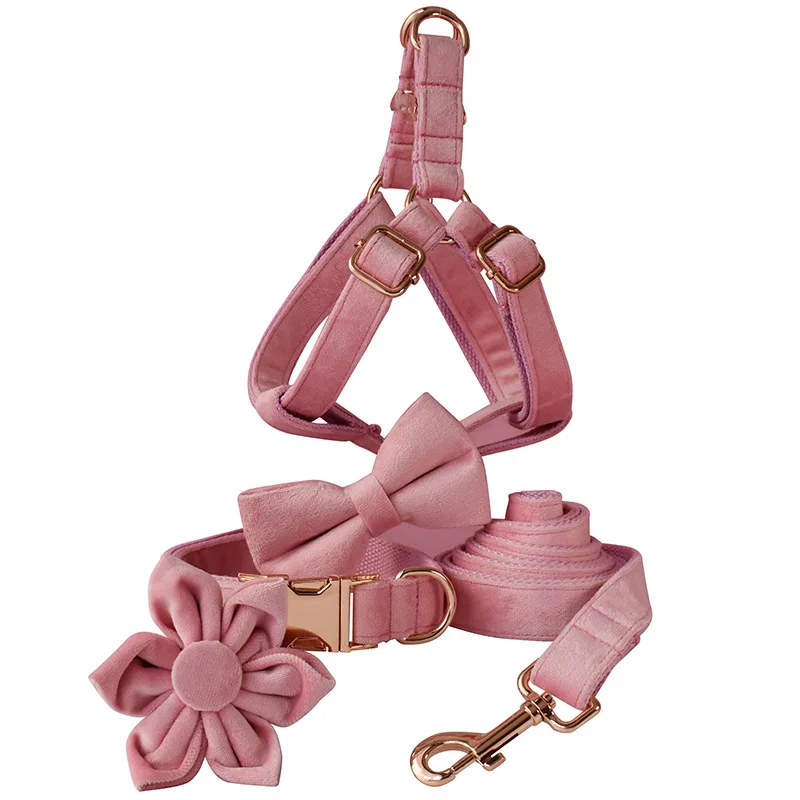 Arnés Floral de terciopelo para perros pequeños, conjunto de Collar y correa de color rosa, accesorios duraderos para mascotas, Collar de gatito de tamaño S/M/L/XL