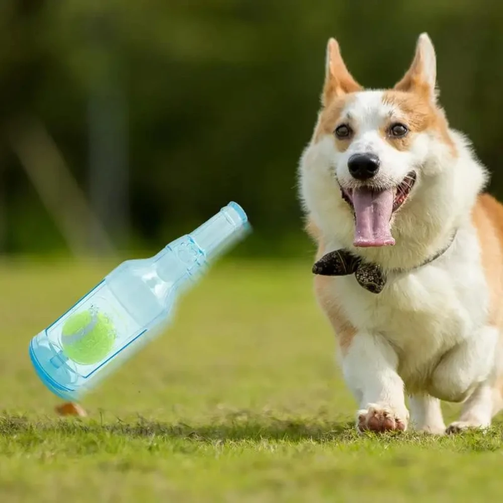 Juguete para masticar para perros, botella de cerveza resistente a mordeduras con pelota de tenis, juguete para moler dientes de cachorro, juguetes interactivos para masticar perros - imagen 3