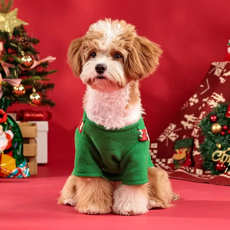 Traje verde de invierno para mascotas, sudadera con capucha navideña para perros S-XL con reno de bolsillo, sudadera de lana cálida para perros pequeños/medianos, - imagen 4