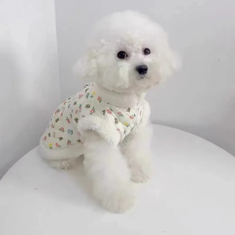 Ropa cálida de invierno para perros, vestido de algodón con flores de peluche para cachorros, abrigo grueso y cálido para pies de cachorro, cárdigan de moda para mascotas XS-XL - imagen 4