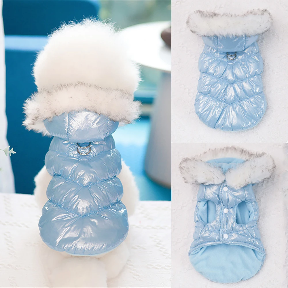 Chaqueta de invierno a la moda para perros, abrigo cálido de lana para mascotas para perros pequeños, Yorkshire Shih Tzu, cuello de piel de lujo, ropa para cachorros
