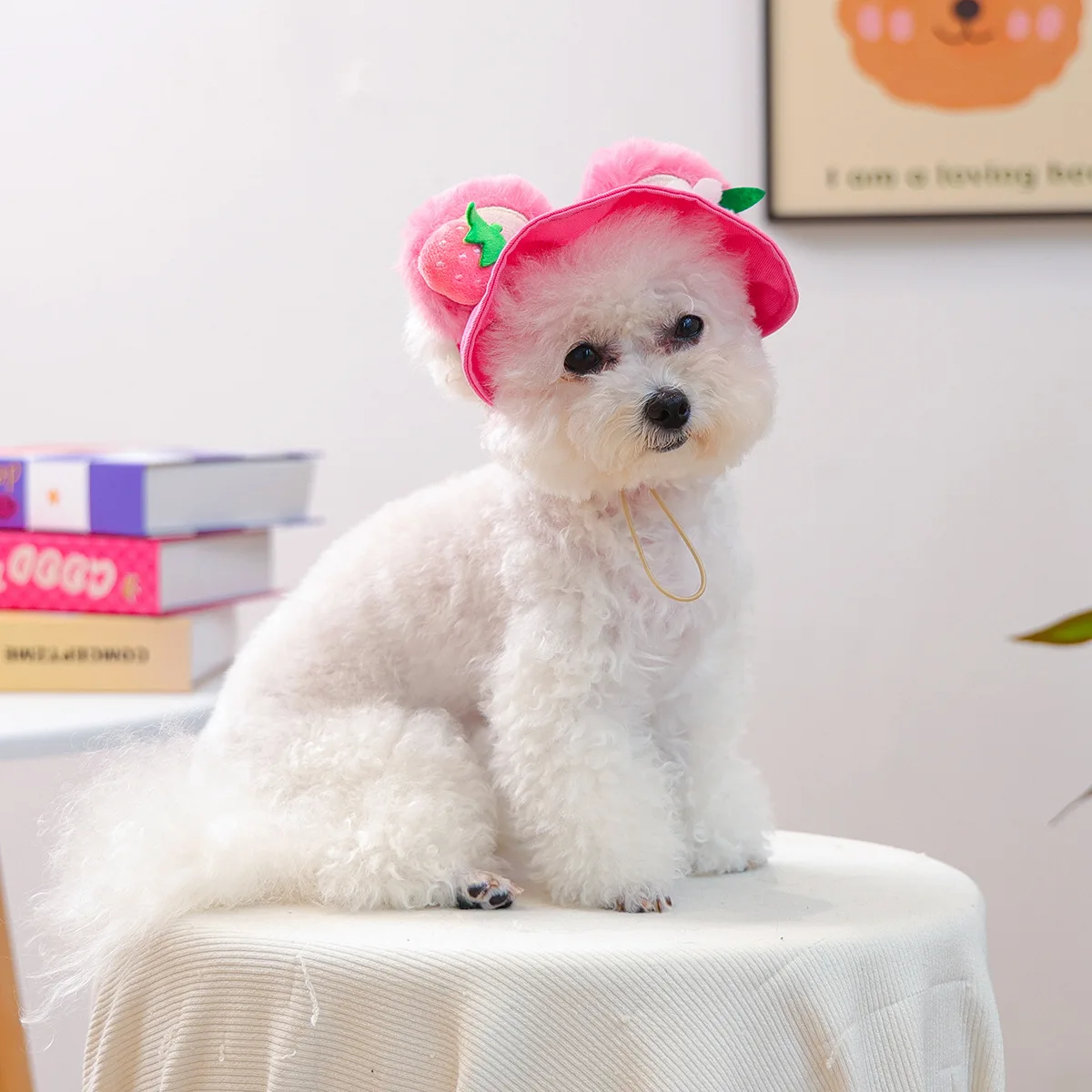 Sombrero para el sol de otoño e invierno para mascotas, perro pequeño para actividades al aire libre, orejas de felpa, accesorios bonitos, sombrero para el sol de fresa - imagen 2